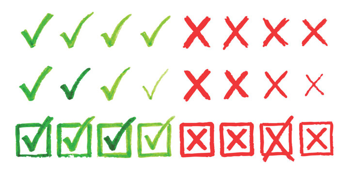 Hand drawn green check marks and red cross marks set in various styles for survey and test selection elements