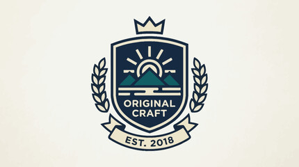 Fototapeta premium Vintage-style logo featuring mountains and sun, representing craftsmanship and quality, suitable for branding