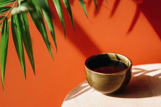 緑のヤシの葉が木の上のお茶の上に影を落としています