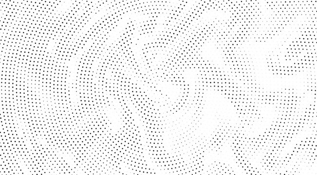 Abstract black and white halftone dots pattern with a swirling radial effect, modern graphic texture background isolated on white background