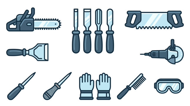 Collection of carpentry and woodworking tools, including a chainsaw, chisels, saw, grinder, screwdriver, gloves, comb, and safety goggles