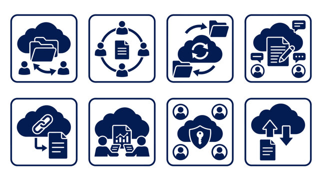 Icons representing cloud storage features including file sharing, collaboration, and security measures
