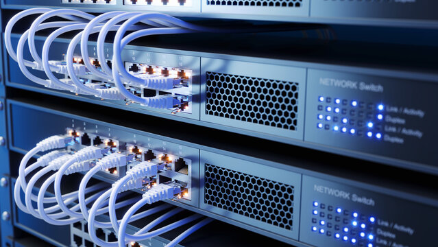 Network switch and network cables in modern server room data center