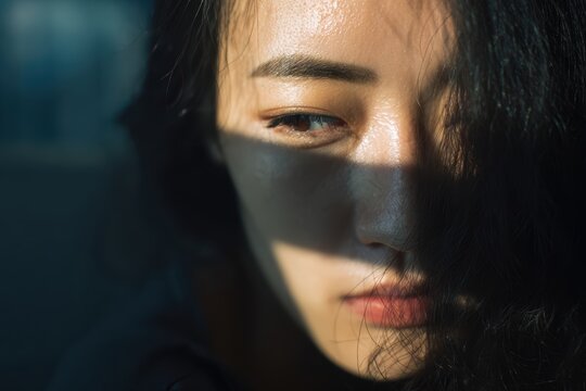 柔らかな自然光の中で、太陽の光が彼女の顔に優しく触れる