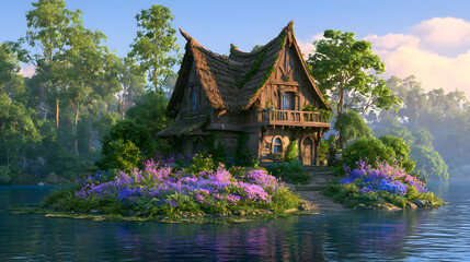 Naklejka premium Fantasy village cottage on tiny lake island with flowers and cheerful animated charm