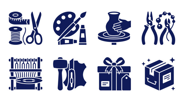 Set of flat craft and hobby icons representing various creative workshops.