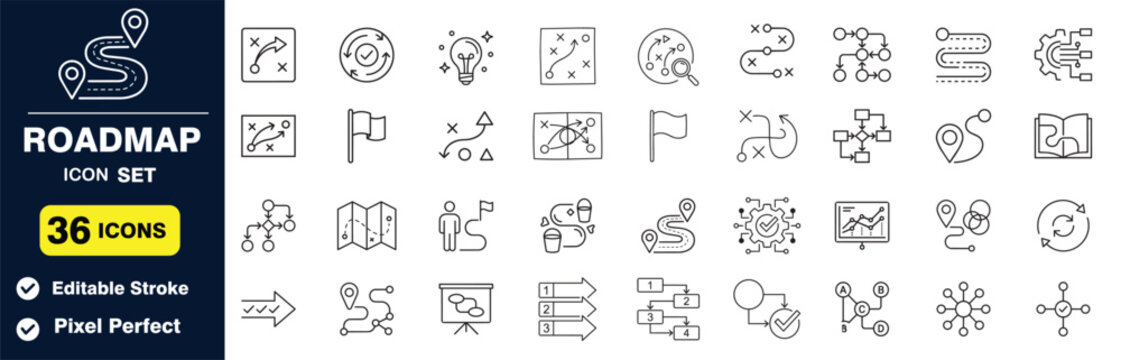 Roadmap icon set, business strategy and path planning vector icons