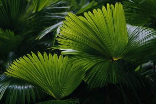 明るい緑色の扇状葉は、熱帯林の濃い光の中で柔らかく輝きます