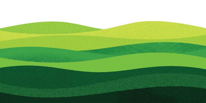 Abstract green landscape with rolling hills and layered grassy fields in a flat vector style illustration