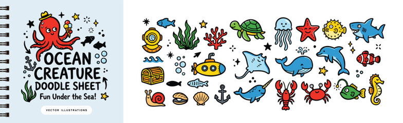 Cute hand drawn ocean sea animal doodle collection with shark whale and octopus © Studio181