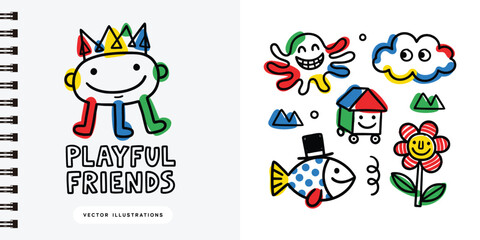 Obraz premium Playful Hand Drawn Cartoon Characters and Whimsical Icons Kids Set Vector Illustration