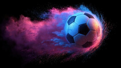 Fototapeta premium Blazing Football: A dynamic football soars through the air, leaving a vibrant trail of color. It captures the essence of speed, skill, and the electrifying energy of the beautiful game.