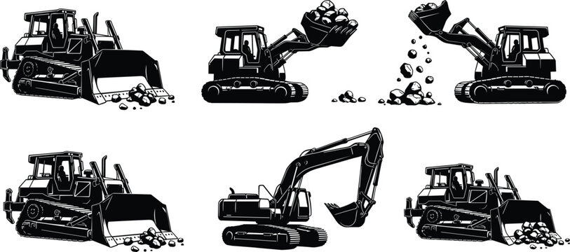 Black heavy machinery silhouettes set, construction bulldozer and excavator collection, industrial earth moving equipment icons, tractor digging mining engineering vector