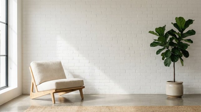 Minimalist living room interior featuring a light beige armchair and a potted fiddle leaf fig plant against a white textured brick wall