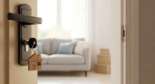 A door handle with a house key in a modern living room with a couch and boxes
