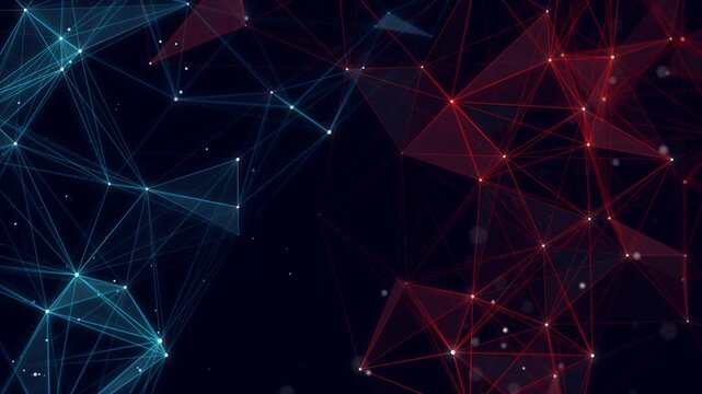 Abstract blue and red polygon network on dark background. Glowing nodes and connecting lines form dynamic digital mesh. Futuristic technology connection concept.