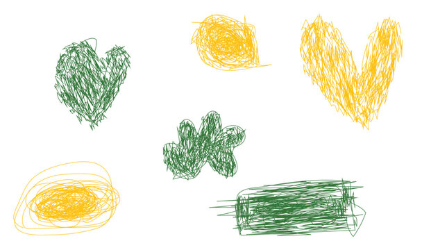 Green and Yellow Crayon Doodle Seamless Pattern with Hearts, Flower and Scribbles, Hand Drawn Playful Vector Background 