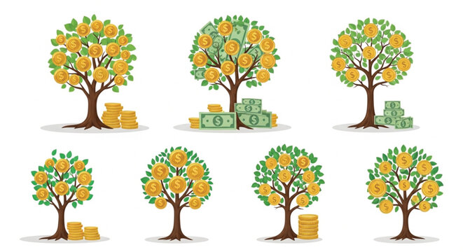 Money tree vector set with coins and cash financial growth concept illustration collection isolated on white background for investment business design