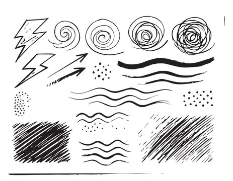 Misc Hand Drawn Elements Including Lightning Spirals and Lines