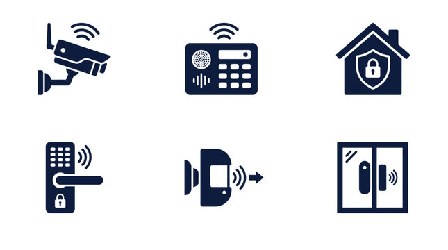 Security technology icons depicting surveillance, communication, and home monitoring systems