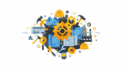 Obraz premium Engineering and Construction Industry Concept Flat Vector Illustration with Industrial Tools, Gears, Hard Hats, and Blueprints