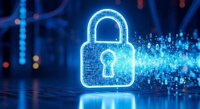 A glowing blue padlock with a keyhole surrounded by digital particles on a dark wet surface with a futuristic circuit background.