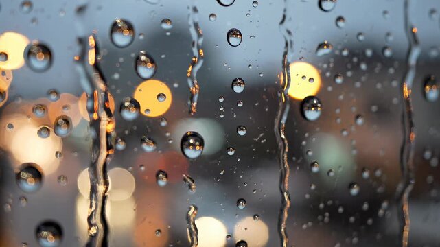 Raindrops on window with soft focus shift and blurred background calm mood