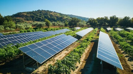Obraz premium Solar panels in a vineyard with crops growing under a clear blue sky in the afternoon sun on a warm day in a rural area
