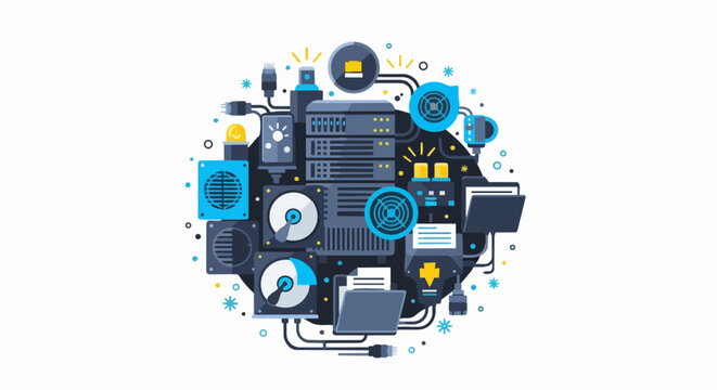 Data Center Infrastructure and Cloud Storage Vector Illustration - Modern Flat Design for Server Technology, Network Connectivity, and Digital Computing Concept