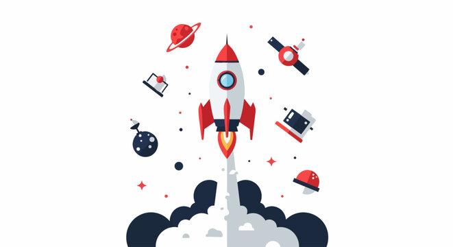 Rocket Launch Vector Illustration with Spacecraft, Planets, and Satellite in Flat Design Style - Business Startup and Technology Exploration Concept