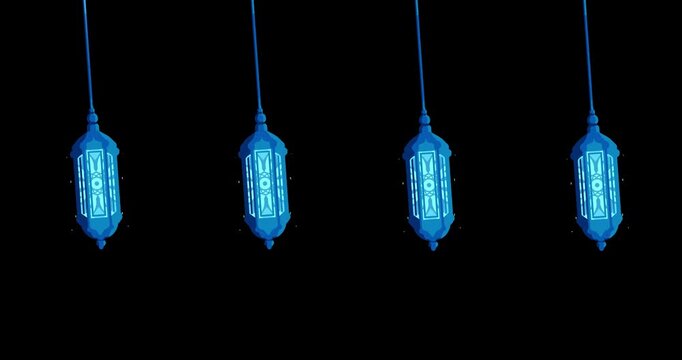 Seamless loop of blue Islamic lantern swinging like a pendulum for Idul Fitri, Idul Adha, and Ramadan festival with transparent background for motion graphics.