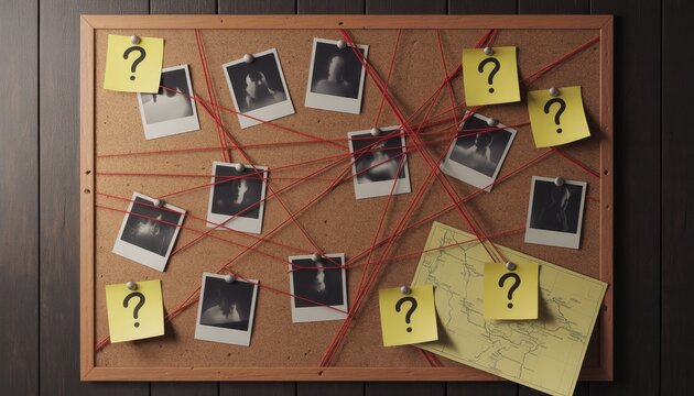 Detective investigation board with instant photos and red string, mystery corkboard with question marks on yellow notes, crime scene evidence map