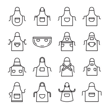 Collection of various simple apron outline icons in a grid on white background