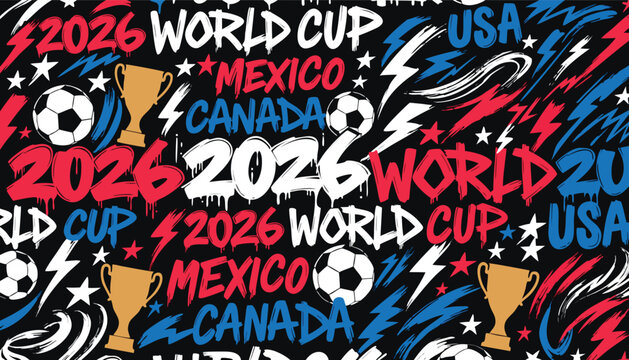 Soccer tournament pattern displays multiple championship trophies, footballs, and lightning bolts with bold typography representing international host nations.