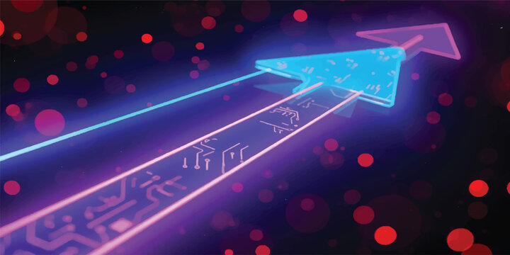A blue digital illustration of an abstract business network background featuring light arrows and data numbers for modern web computer technology design