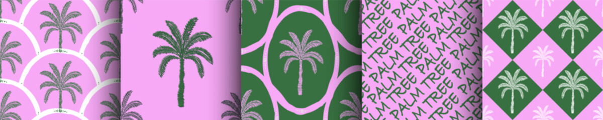 Palm tree, marine theme retro geometric seamless pattern, texture background set. Pink green Trendy swimwear design, ornament print, wrapping paper, greeting card © RomanWhale studio