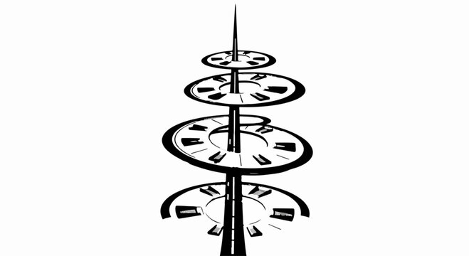 Futuristic architectural structure with circular levels and a central spire against a white background.