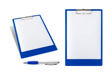Blue clipboard with blank white paper and pen isolated on white background. Set of two clipboards with red pen © BarTa