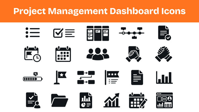 Project Management Dashboard Icons Set, Productivity UI Silhouette Collection