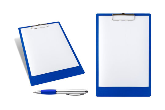 Blue clipboard with blank white paper and pen isolated on white background. Set of two clipboards with red pen
