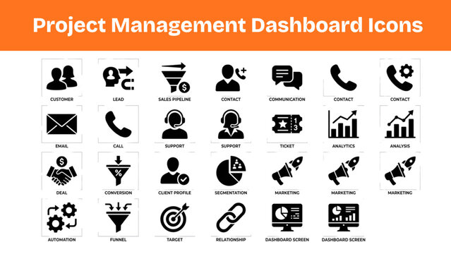 Project Management Dashboard Icons Set, Productivity UI Silhouette Collection