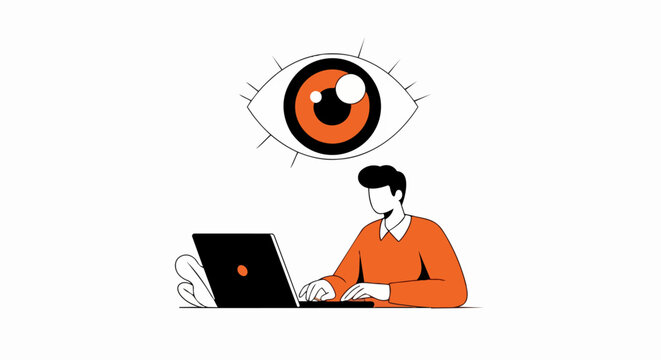 Digital Surveillance and Online Privacy Illustration: Man Working on Laptop Under Large Watchful Eye Symbolizing Data Monitoring and Cyber Security