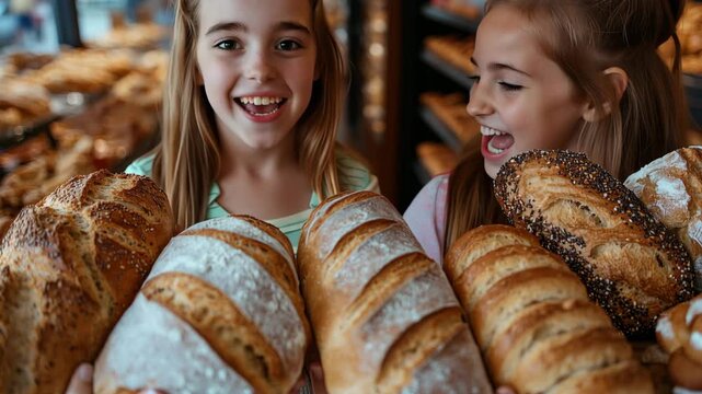Girls smile and laugh while holding fresh bread at a bakery in the morning