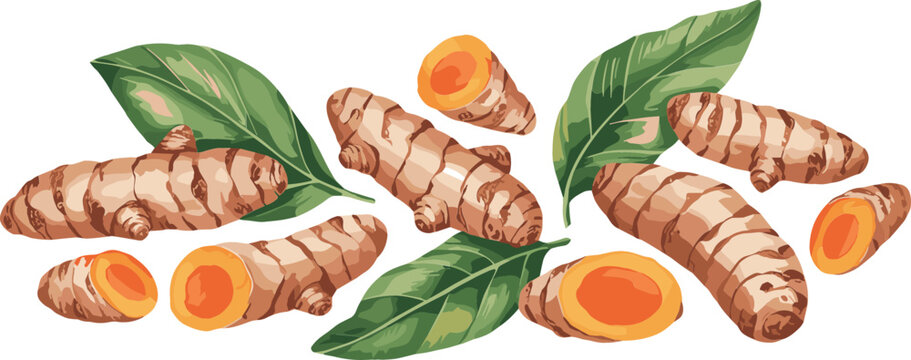 Fresh Turmeric Root Vector Illustration Featuring Whole and Sliced Curcuma Longa Rhizomes with Green Leaves Isolated on White Background for Healthy Spice Design