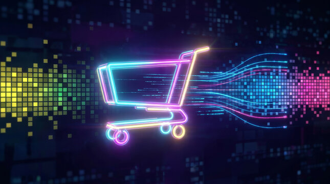 Futuristic neon shopping cart with digital data trails, glowing online retail concept, high-speed e-commerce technology on dark pixelated background
