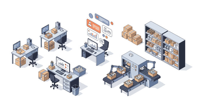 Isometric illustration depicting the various stages of e-commerce order fulfillment, from office work to automated packaging and warehousing.
