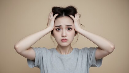 Fototapeta premium Stressed Young Asian Woman Holding Her Head in Anxiety and Overwhelmed Emotion