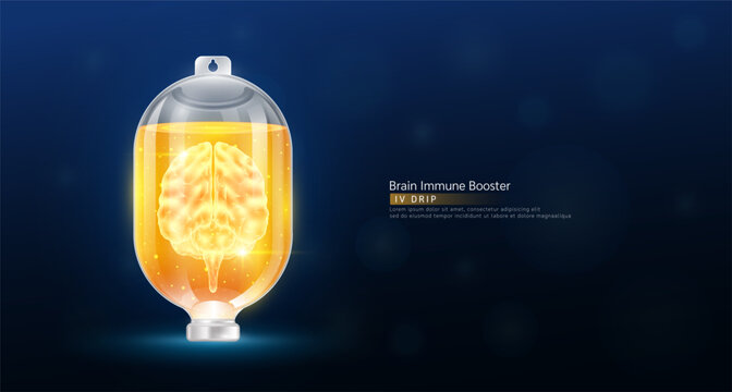 Brain immune booster. Brain organ human transparent in bag saline orange. Bottle iv drip therapy vitamins minerals. Science medical concepts. Vector.
