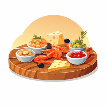 Spanische Tapas Auswahl auf rustikalem Holzbrett