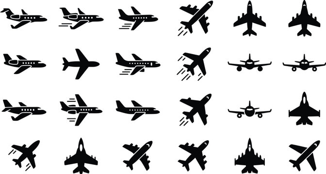 Civil Aviation and Commercial Airplane Icon Set  Vector Silhouettes